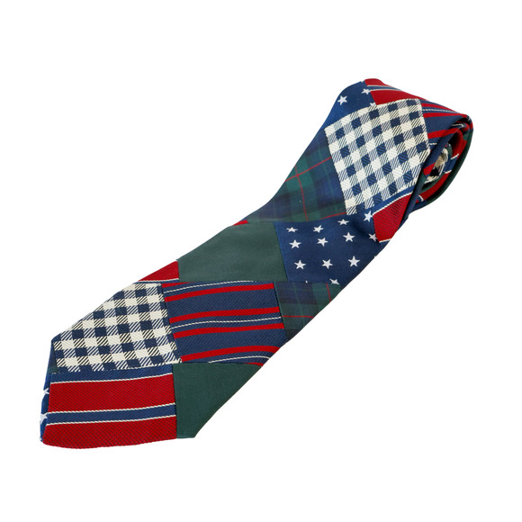 VTG 90s Tommy Hilfiger Patchwork Silk Tie Preppy Corporate Americana Plaid Star - Picture 2 of 16